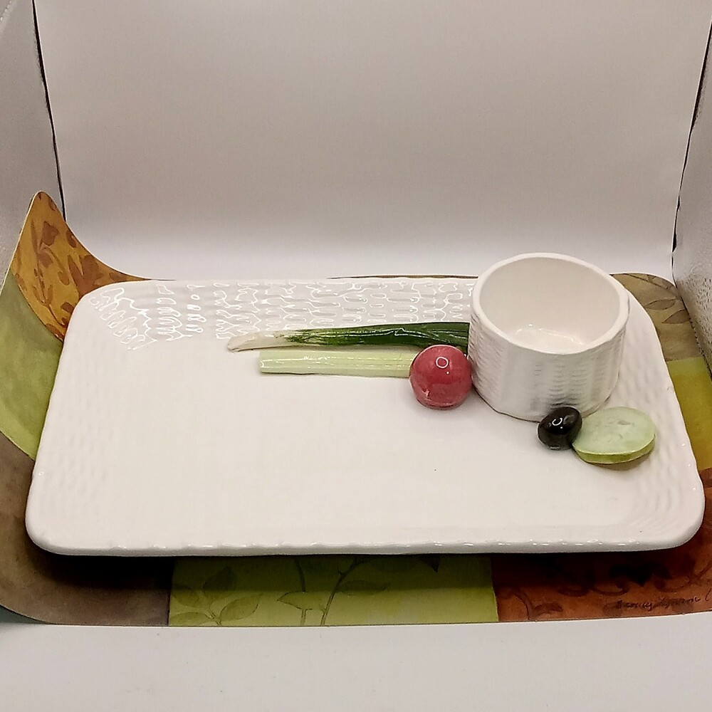 BRIGGS POTTERY Sculpted Vegetable Serving Platter Dip Cup Signed 12" Charcuterie